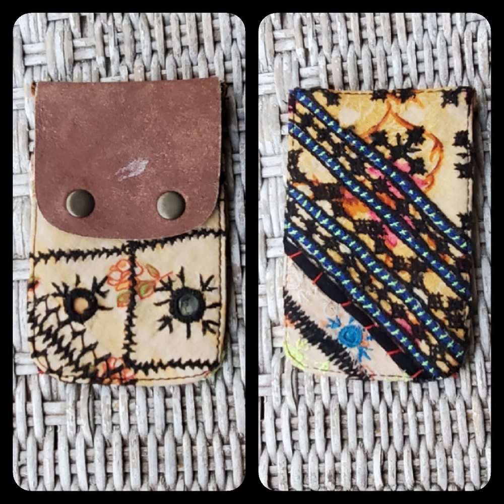 🧠🍳 Free People Boho Embroidered Repurposed vtg banjara hippie Wallet card case